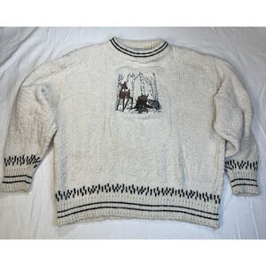 Croft & Barrow VTG 90s Ivory Deer, Raccoon Embroidered 100% Cotton LG Sweater